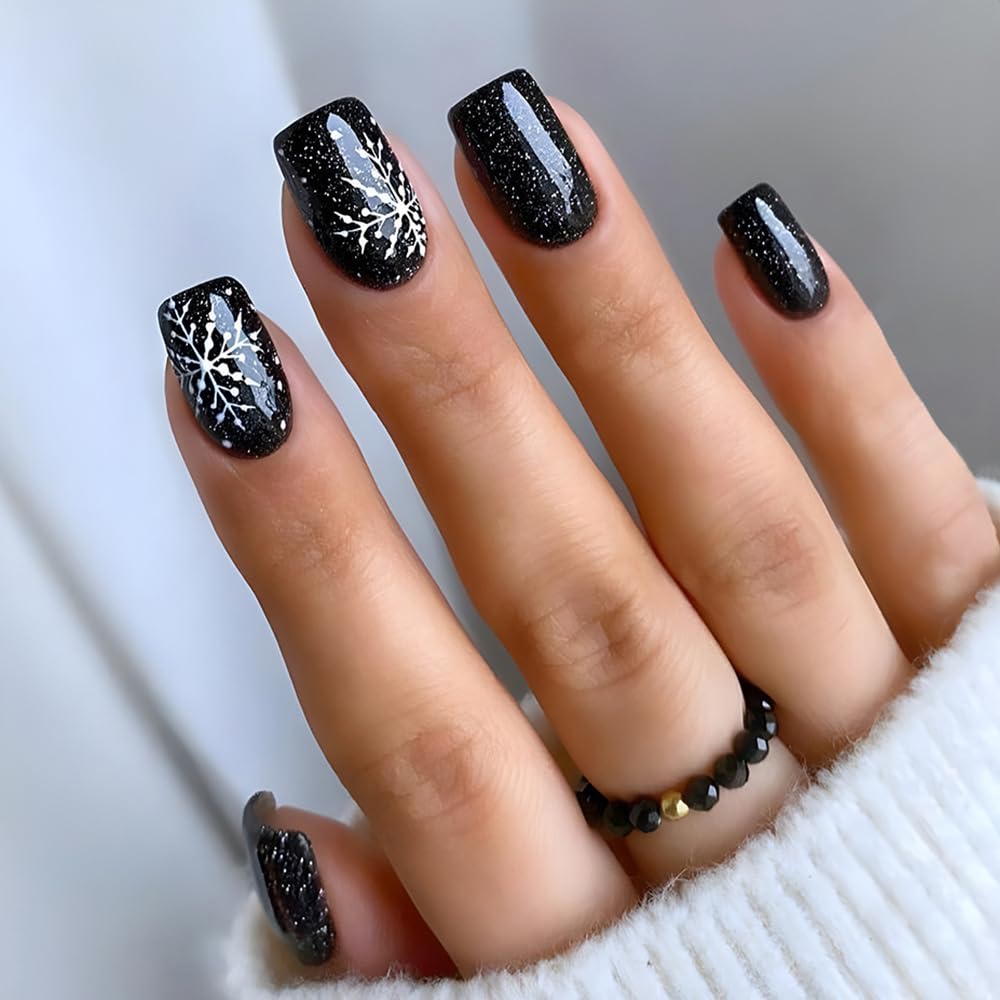 Uñas postizas a presión de Navidad, a22 cuadradas, medianas, con copos de nieve, color negro brillante, diseño de Navidad, A22 uñas postizas con pegamento, uñas acrílicas artificiales de cobertura