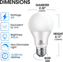 Cargar imagen en el visor de la galería, E ENERGETIC LIGHTING Bombilla LED A19 equivalente a 40 W, blanco cálido 3000 K, base estándar E26, certificación UL, bombilla LED no regulable de 5 W 450 lúmenes, 8 paquetes A19
