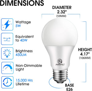 E ENERGETIC LIGHTING Bombilla LED A19 equivalente a 40 W, luz diurna de 5000 K, base estándar E26, no regulable, 5 W 450 lm, certificación UL, 8 paquetes A19