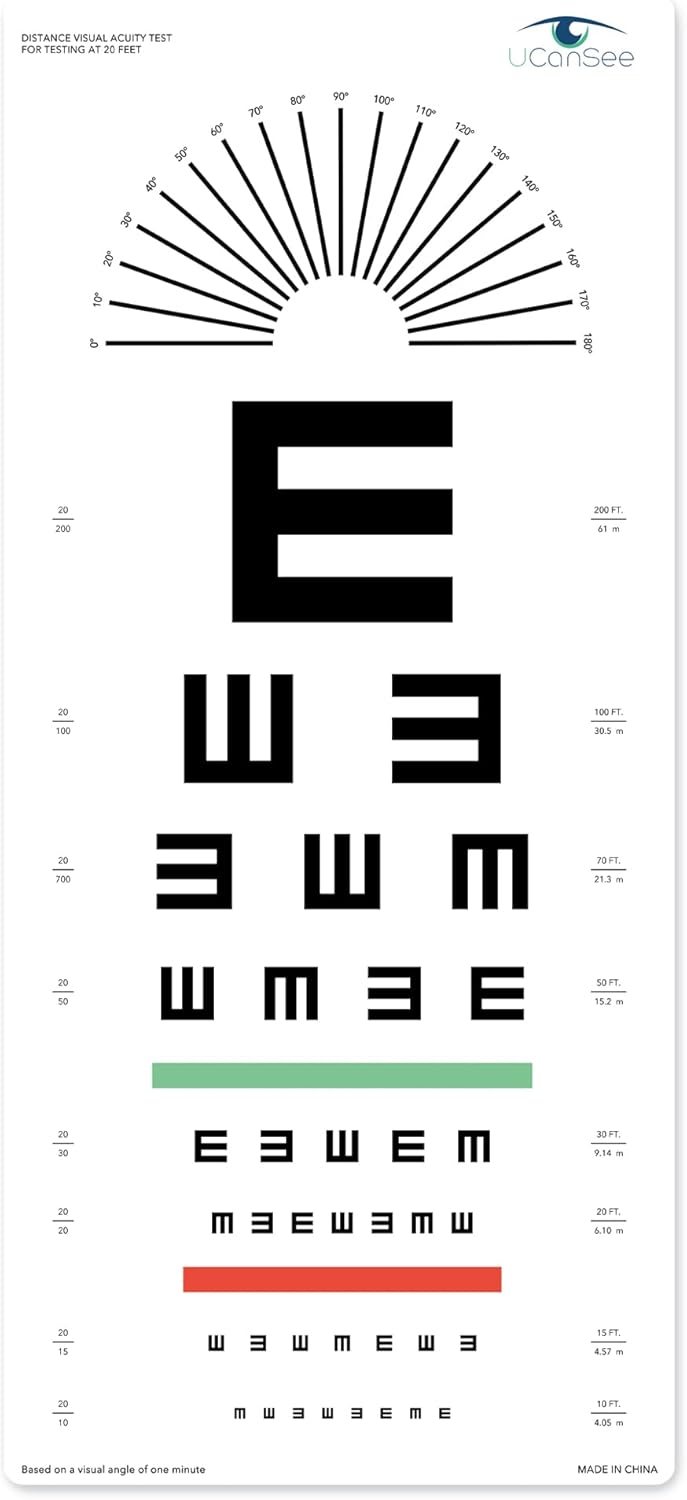 E Eye Chart - Tabla de agudeza visual con esfera de astigmatismo para exámenes oculares de 20 pies (11 x 24 pulgadas) a22