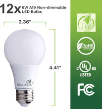 Cargar imagen en el visor de la galería, Bioluz LED 6 vatios equivalentes a bombillas A19 de 40 W para decoración del hogar, 2700 K, luz blanca cálida, no regulables, para dormitorio, bombillas LED de bajo consumo y bombillas de larga A19
