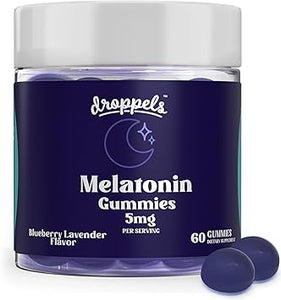 Gomitas de melatonina Droppels, 5 mg: melatonina vegetal y vegana de 5 mg para favorecer el sueño de forma natural con extracto de manzanilla, 60 unidades, sabor a arándano (suministro para 1 mes) a23