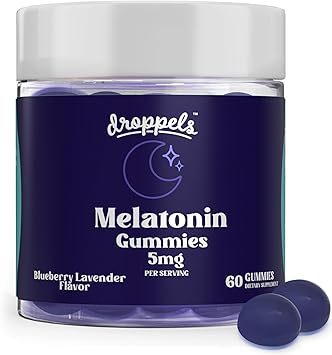 Gomitas de melatonina Droppels, 5 mg: melatonina vegetal y vegana de 5 mg para favorecer el sueño de forma natural con extracto de manzanilla, 60 unidades, sabor a arándano (suministro para 1 mes) a23