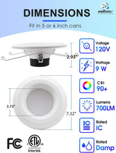 Cargar imagen en el visor de la galería, Paquete de 6 luces LED empotrables de 6 pulgadas con luz nocturna, luces de lata regulables con borde deflector, 9 W = 85 W, blanco cálido 3000 K, retrofit de 700 lúmenes, CRI 90, clasificación A19
