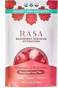 Hidratación con frambuesa e hibisco de Rasa | Té helado orgánico potenciado con adaptógenos y hongos | Mezcla de bebida en polvo con electrolitos de primera calidad sin gluten, hidratación refrescante (6 oz/24 porciones) ln25