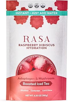 Hidratación con frambuesa e hibisco de Rasa | Té helado orgánico potenciado con adaptógenos y hongos | Mezcla de bebida en polvo con electrolitos de primera calidad sin gluten, hidratación refrescante (6 oz/24 porciones) ln25