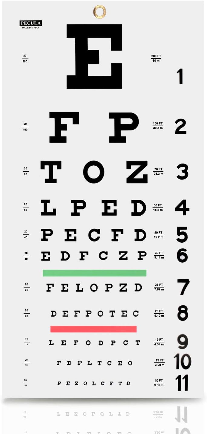 PECULA Gráfico de ojos, gráfico de ojo de Snellen, gráfico de pared, ln25 gráficos oculares para exámenes oculares de 20 pies 11 x 22 pulgadas.