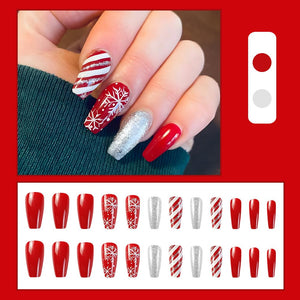 Uñas postizas a presión de Navidad, cuadradas, medianas, con copos de nieve, con rayas rojas y blancas, diseño de Navidad de invierno,a22 uñas postizas con pegamento, uñas acrílicas artificiales