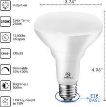 Cargar imagen en el visor de la galería, Energetic - Paquete de 12 bombillas LED empotrables BR30 de 75 W, regulables, 900 lúmenes, 2700 K blanco suave, bas e E26, luz de inundación interior para latas de 5/6 pulgadas, certificación UL A19
