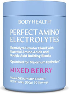 Polvo de electrolitos BodyHealth PerfectAmino, polvo hidratante, mezcla de bebida de electrolitos sin azúcar, polvo de electrolitos cetogénicos, sin OGM, sabor a frutos del bosque (30 porciones) ln25