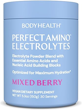 Polvo de electrolitos BodyHealth PerfectAmino, polvo hidratante, mezcla de bebida de electrolitos sin azúcar, polvo de electrolitos cetogénicos, sin OGM, sabor a frutos del bosque (30 porciones) ln25