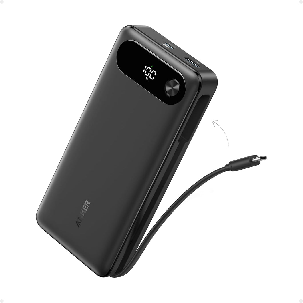 Anker Cargador portátil de 20.000 mAh con cable USB-C integrado, batería de carga rápida máxima de 87 W para laptop, 2 USB-C y 1 USB-A