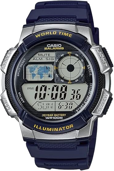 Casio AE1000W Series | Men’s Digital Watch | 100M WR | Multi Alarms | 100 SEC Stopwatch | Countdown Timer | ln24 World Map for World Time | LED Light | LC Analog Display | 10 Year Battery