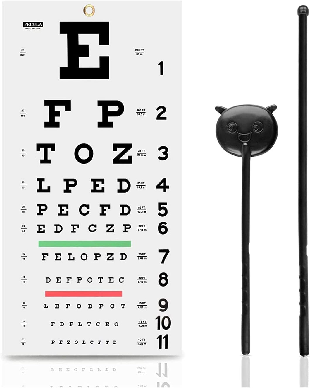 PECULA Gráfico de ojos, gráfico de ojos Snellen, gráfico de pared, gráficos de ojos con puntero manual y oclusor de ojos para exámenes oculares de 20 pies 11 x 22 pulgadas a22
