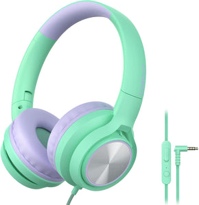 LORELEI E7 - Auriculares para niños con micrófono, auriculares con cable para niños, niñas, volumen seguro de 85/94 dB, conector de audio plegable de 0.138 in,ln24 sin enredos, para Scool/iPad/computadora