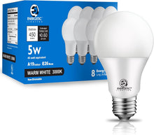 Cargar imagen en el visor de la galería, E ENERGETIC LIGHTING Bombilla LED A19 equivalente a 40 W, blanco cálido 3000 K, base estándar E26, certificación UL, bombilla LED no regulable de 5 W 450 lúmenes, 8 paquetes A19
