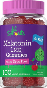Carlyle Lil Sprouts - Gomitas de melatonina para niños, 1 mg, 100 unidades, sabor a fruta, veganas, sin OMG, sin gluten ln26
