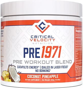 Critical Velocity Nutrition|PRE 1971|Mezcla pre-entrenamiento|Aumenta la energía y la concentración mental|Aumenta el VO2 máximo, mejora la resistencia, optimiza el rendimiento|Diseñado para atletas de resistencia|Coco y piña a22
