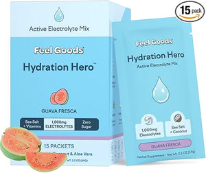 Feel Goods Hydration Hero, polvo de electrolitos de 1000 mg, sin azúcar, magnesio, agua de coco orgánica, L-teanina, vitamina C y B12, sin OGM, cetogénico, vegano, sobres de electrolitos | Guayaba fresca, 15 unidades ln25