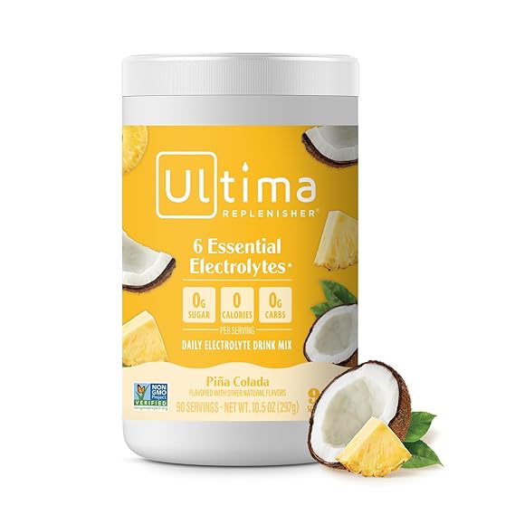 Bebida con electrolitos Ultima Replenisher Mocktini, piña colada, 90 porciones, polvo hidratante con 6 electrolitos y minerales traza, apto para dietas cetogénicas, sin OGM y sin azúcar ln25