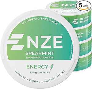 Bolsitas de nootrópicos con cafeína NZE (menta verde): bolsitas energéticas nootrópicas con 50 mg de cafeína, alfa-GPC, L-tirosina y L-teanina sin azúcar ni edulcorantes artificiales; 15 bolsitas sin nicotina por lata ln25