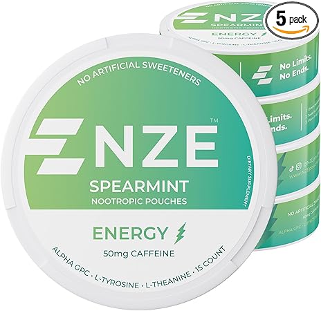 Bolsitas de nootrópicos con cafeína NZE (menta verde): bolsitas energéticas nootrópicas con 50 mg de cafeína, alfa-GPC, L-tirosina y L-teanina sin azúcar ni edulcorantes artificiales; 15 bolsitas sin nicotina por lata ln25