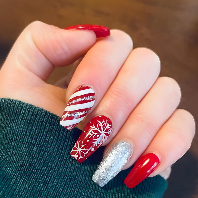 Uñas postizas a presión de Navidad, cuadradas, medianas, con copos de nieve, con rayas rojas y blancas, diseño de Navidad de invierno,a22 uñas postizas con pegamento, uñas acrílicas artificiales