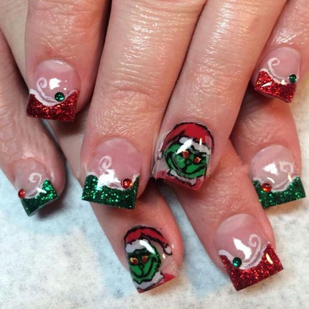 24 uñas postizas de Navidad a presión, cortas, cuadradas, verdes, rojas, francesas, con pegamento, uñas acrílicas brillantes, a22 diseño de uñas acrílicas... Nombre del patrón:Navidad Nials 002