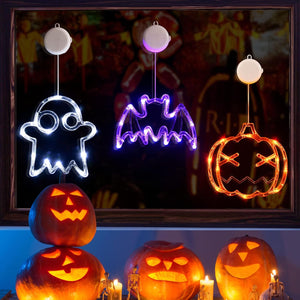 Luces de Halloween LOLStar Decoraciones 2025 Paquete de 3 Luces de ventana de murciélago morado de calabaza naranja con ventosas