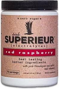 Superieur Electrolytes: suplemento de electrolitos de origen vegetal con minerales marinos para hidratación y recuperación; bebida deportiva en polvo vegana, sin OGM y sin azúcar, apta para dietas cetogénicas; frambuesa (70 porciones) ln25