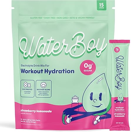 Hidratación para entrenamiento Waterboy | Paquetes de electrolitos en polvo sin azúcar de 2960 mg | L-glutamina + vitaminas | Sin azúcar, totalmente natural, sin gluten | 15 mezclas para bebidas en barra (limonada de fresa) ln25