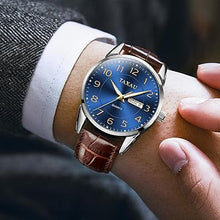 Cargar imagen en el visor de la galería, Reloj de hombre con cara grande, fácil de leer, números arábigos, relojes de vestir para hombre, clásico, negro, marrón, A21 correa de cuero, analógico, reloj de pulsera para hombre con día y fecha,
