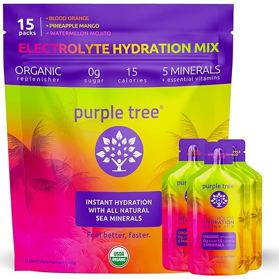 Paquetes de hidratación con electrolitos orgánicos de Purple Tree, sin azúcar, sales marinas, paquetes de hidratación intravenosa diaria para un alivio rápido de la rehidratación, mezcla de bebida de agua, paquete variado, 15 unidades ln25