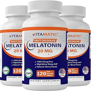 Vitamatic Tabletas de melatonina de 20 mg | Vegetariano, sin OMG, sin gluten | Alta potencia 20 mg | Sabor natural a bayas (1/2 tabletas = melatonina 10 mg) (120 unidades (paquete de 3)) ln26