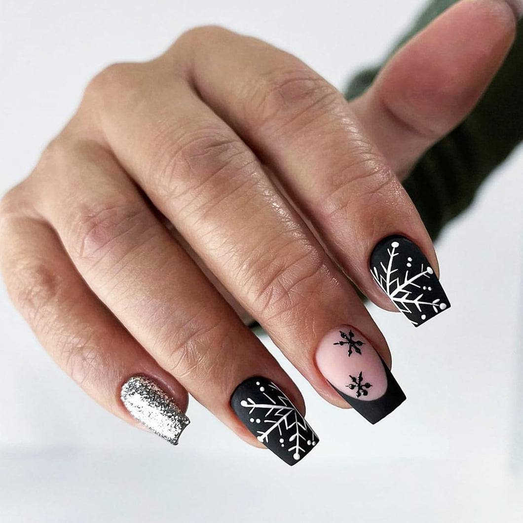 Uñas postizas a presión con copos de nieve de Navidad, uñas postizas acrílicas francesas con purpurina plateada mate, 24 unidades, a22 uñas de gel de copo de nieve negro, uñas francesas adhesivas en uñas