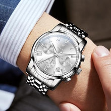 Cargar imagen en el visor de la galería, Relojes de acero inoxidable para hombre, a21 cronógrafo de oro plateado con cara grande, fácil de leer, para hombre, fecha, reloj clásico de cuarzo analógico con número romano, reloj de vestir para
