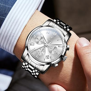 Reloj cronógrafo clásico de acero inoxidable para hombre, con cara grande, fácil de leer, reloj cronógrafo para hombre, a21 reloj analógico de cuarzo, resistente al agua, números romanos, reloj de