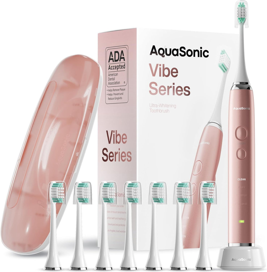 Aquasonic Vibe Series Ultra-Whitening Cepillo de dientes – Cepillo de dientes eléctrico aceptado por ADA – 8 cabezales de cepillo y estuche de viaje –ln23 Motor de 40,000 VPM y carga inalámbrica – 4 modos