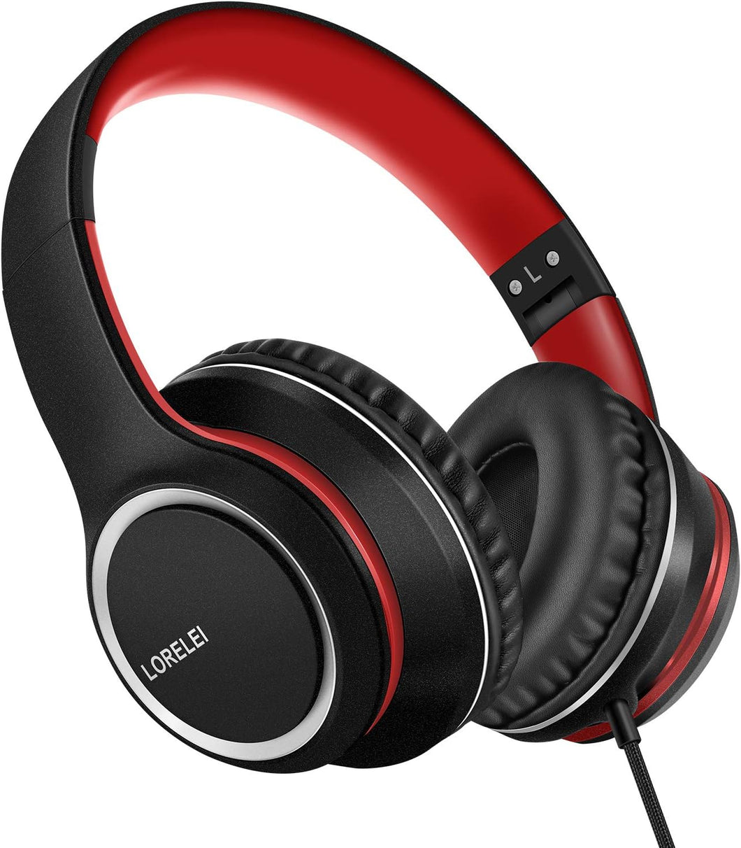 LORELEI X8 Auriculares con cable con micrófono con línea de nailon sin enredos de 4.8 ft y enchufe de 0.138 in, ligeros plegables y portátiles ln24 para smartphone, tableta, computadora, Mp3/4 (negro-rojo)