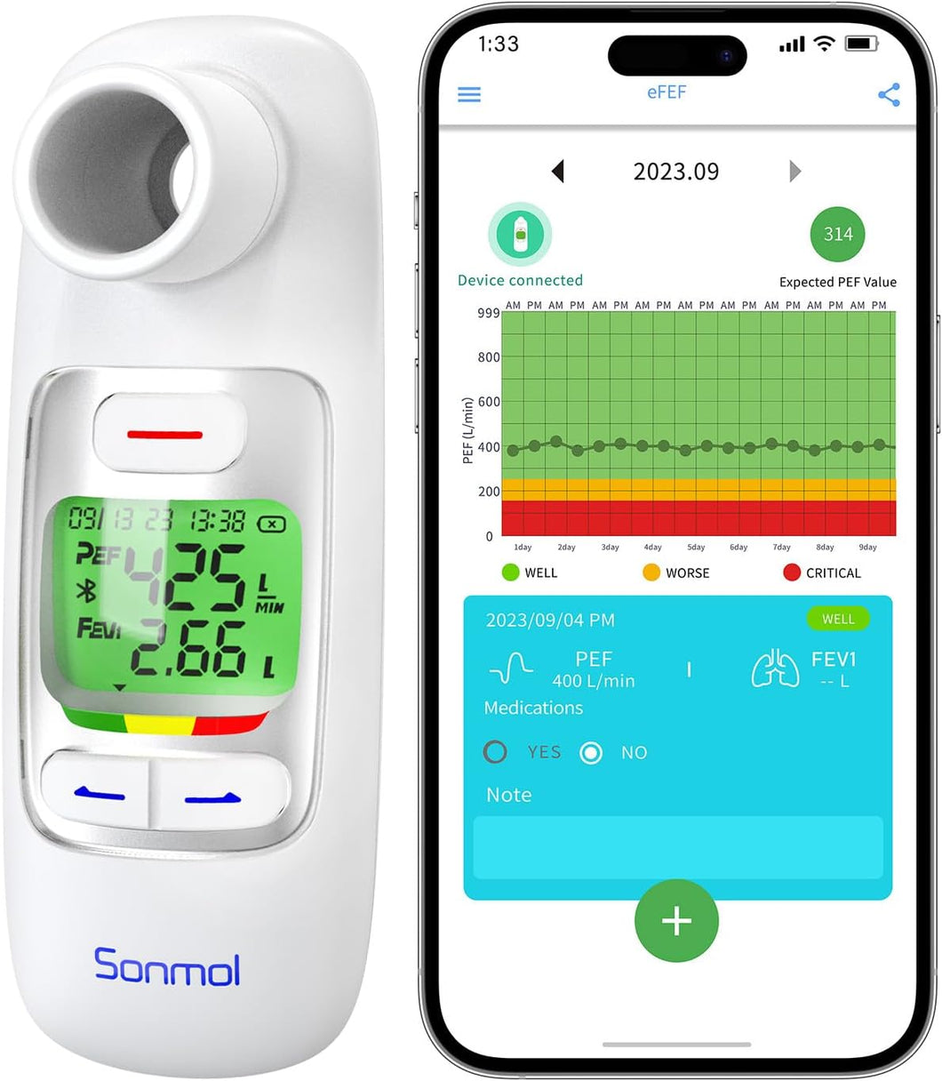 Medidor de flujo máximo con espirómetro de aplicación Bluetooth para pruebas de monitor de EPOC de asma PEF FEV1 para niños a22 y adultos con función de almacenamiento de 300 registros