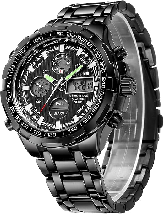 GOLDEN HOUR - Reloj digital y analógico de lujo para hombres, de acero inoxidable, para deporte al aire libre, A21 impermeable, reloj de pulsera grande