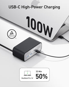 Anker Estación de carga nano (100 W máximo), tira de alimentación USB C 7 en 1 para iPhone 16/15/14 y MacBook Air/Pro, a19 cable delgado de 5 pies, 3AC, 2USB A, 2USB C, accesorio de escritorio de entrega