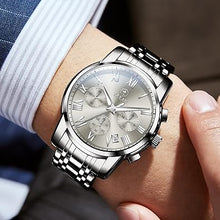 Cargar imagen en el visor de la galería, Reloj cronógrafo clásico de acero inoxidable para hombre, con cara grande, fácil de leer, reloj cronógrafo para hombre, reloj analógico de cuarzo, a21 resistente al agua, números romanos, reloj de
