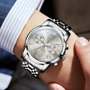 Reloj cronógrafo clásico de acero inoxidable para hombre, con cara grande, fácil de leer, reloj cronógrafo para hombre, reloj analógico de cuarzo, a21 resistente al agua, números romanos, reloj de