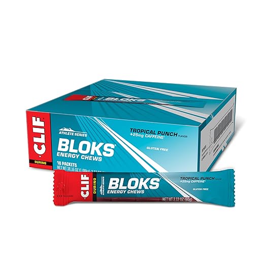 CLIF BLOKS - Sabor a ponche tropical con cafeína - Masticables energéticos - Sin OGM - A base de plantas - Combustible rápido para andar en bicicleta y correr - Carbohidratos y electrolitos rápidos - 2,12 oz. (18 unidades) ln25
