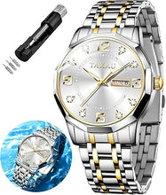 Cargar imagen en el visor de la galería, Relojes para hombre, números arábigos, esfera grande, fácil de leer, estilo simple, día fecha, a21 diamante, cara grande, reloj de acero inoxidable impermeable para hombre
