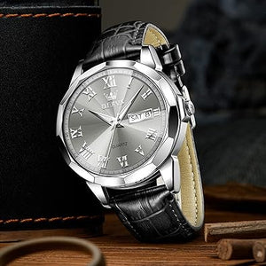 OLEVS Relojes de pulsera para hombre, a la moda, elegante, con esfera de espejo, de diamante, impermeable, a21 calendario, de cuarzo, correa de cuero, para hombre, azul/blanco/gris