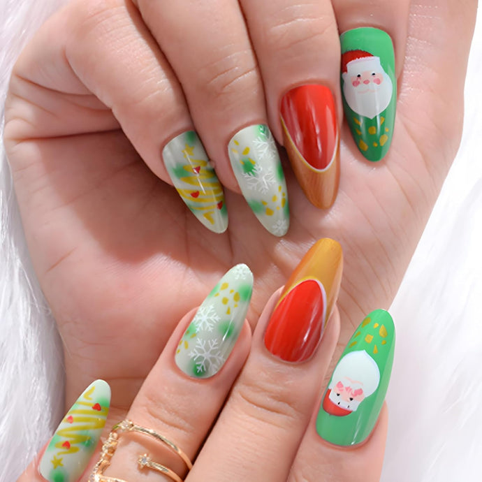 NGMATY Uñas postizas a presión para el día de Navidad, pintadas francesas, copos de nieve, a22 cuadradas, medianas, 12 tamaños, juego de 24 uñas postizas de gel