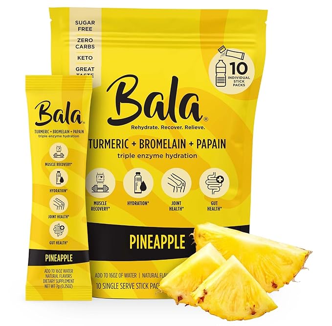 Paquete de mezcla de bebida hidratante de cúrcuma BALA | Polvo de electrolitos sin azúcar, recuperación muscular, apoyo inmunológico, alivio de las articulaciones | Enzimas de origen vegetal - Piña 0,25 onzas (paquete de 10) ln25