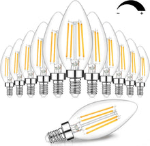 Cargar imagen en el visor de la galería, Paquete de 12 bombillas LED E12 regulables equivalentes a 60 W, 2700 K blanco cálido suave, base de vela B11 de 600 lúmenes, filamento LED C35, bombillas vintage, vidrio transparente para ventiladorA19
